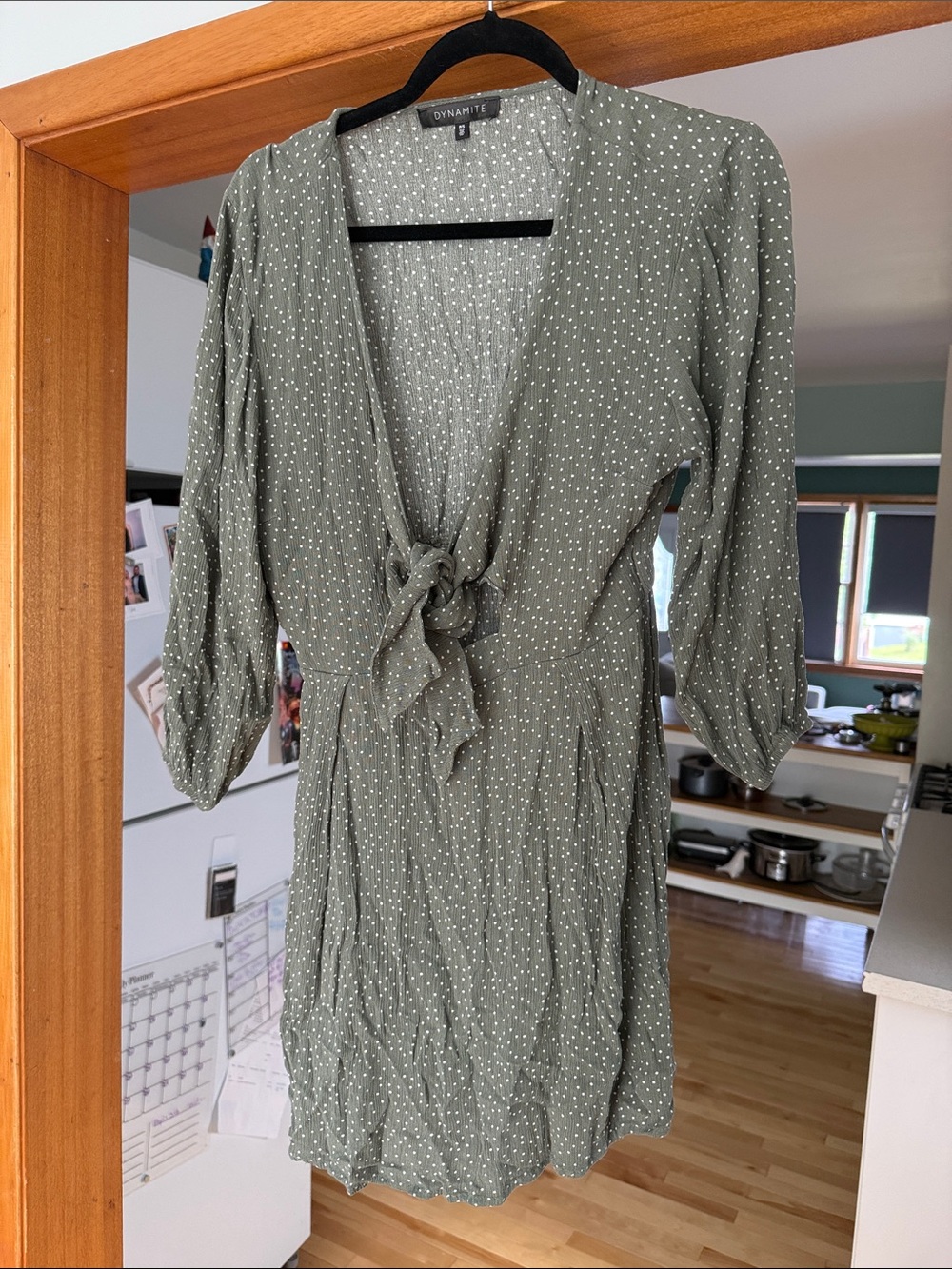 Dynamite Olive Green Polka Dot Tie-Front Mini Dress